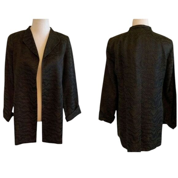 Eileen Fisher High Collar Jacket Silk Blend Jacquard Wave Size Brown Petite S - Picture 2 of 12